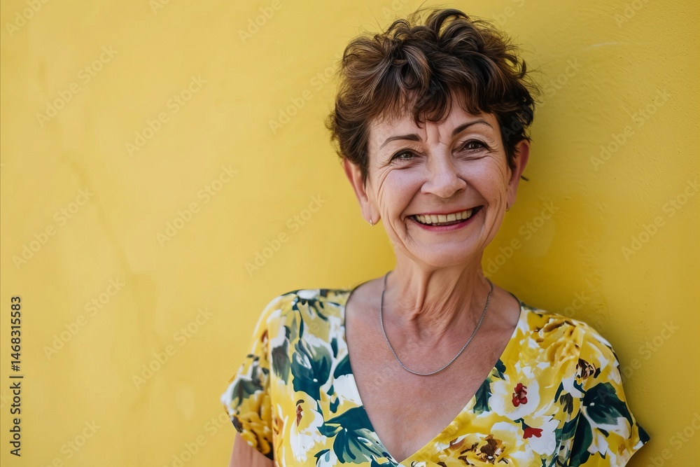 Portrait of a smiling senior woman standing against a yellow wall.