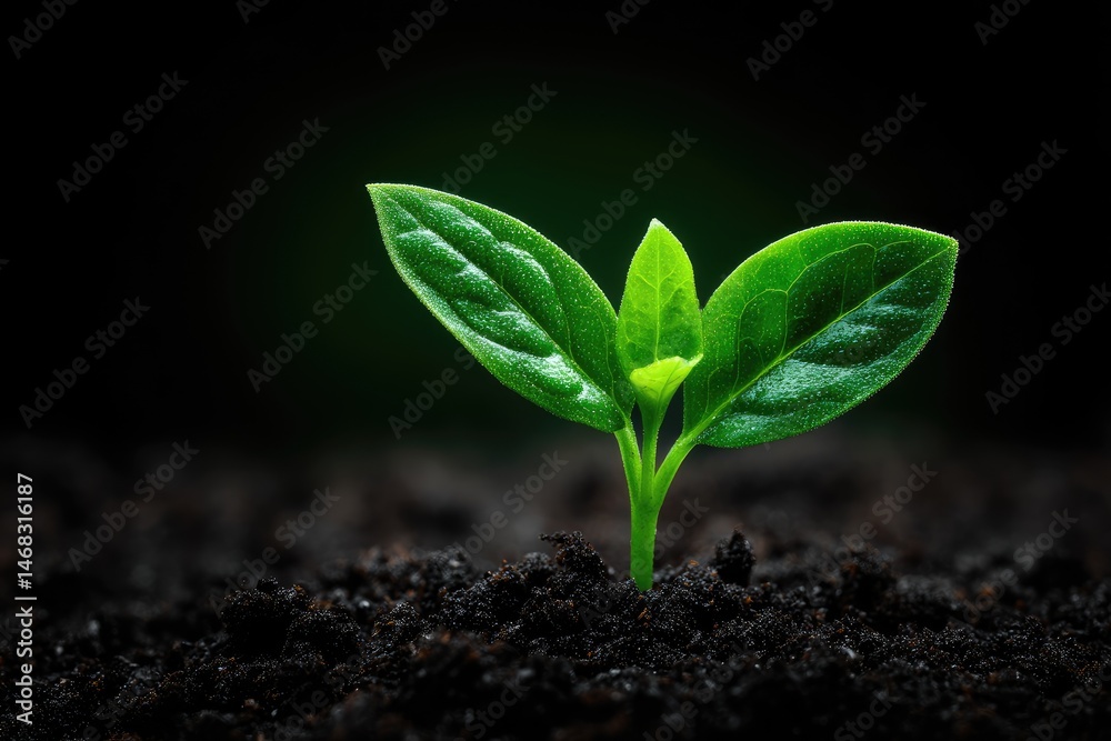 Naklejka premium Emerging plant sprout in rich dark soil.