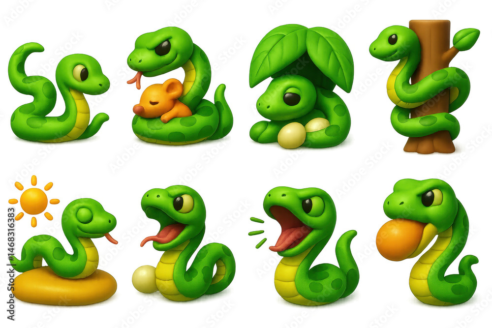 Obraz premium 3d y2k snake icons set – playful, green, cartoon, nature, leaf, egg, sun, cute, tree, tongue. 3D icon set