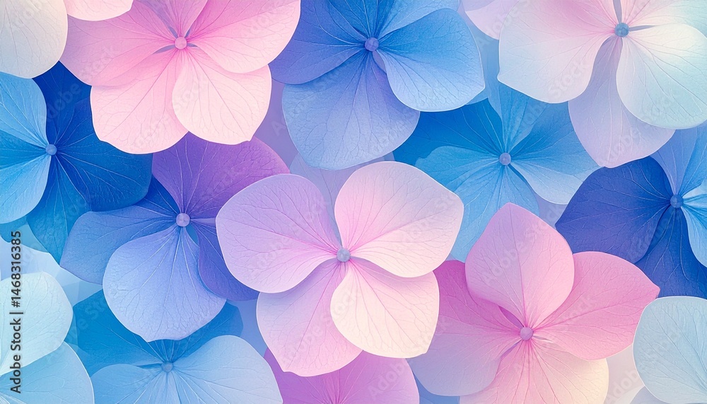 Obraz premium パステルカラーの紫陽花の柔らかで優しいタッチの手描きイラスト梅雨用背景イメージ