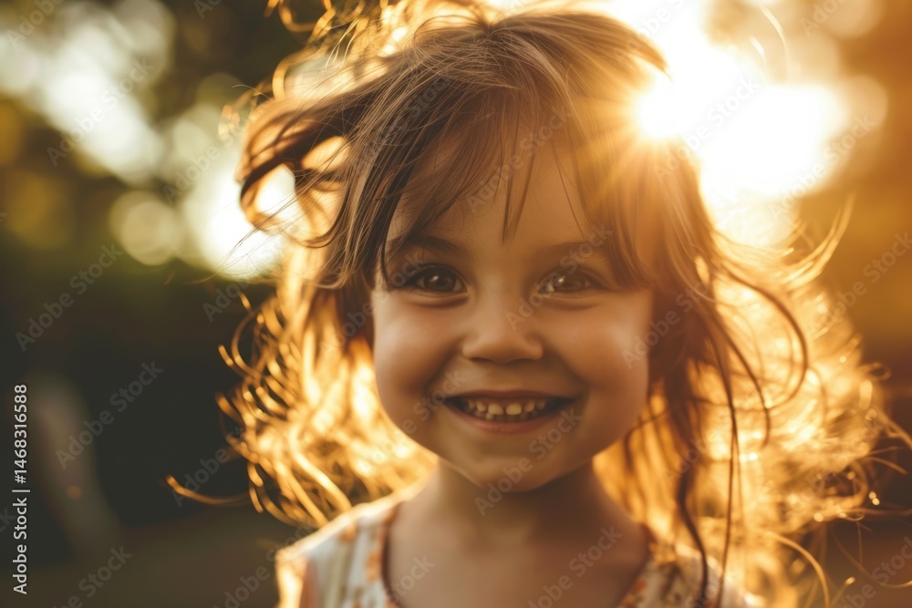 Portrait of a smiling little girl in the park at sunset.