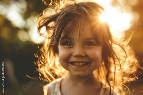Portrait of a smiling little girl in the park at sunset.