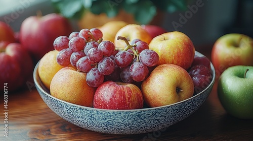 Freshly picked apples and grapes in a bowl