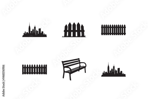 Black Silhouette Icons: City Skyline, Picket Fence & Park Bench Set