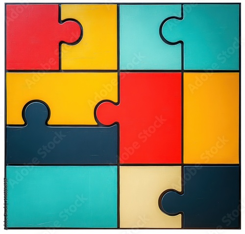 Colorful glossy puzzle pieces in bright red, yellow, teal, beige, and dark blue fitted together in a square grid on white background