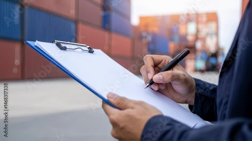 Close-up of hands checking inventory on a clipboard with shipping containers in background, export business, international trade 
