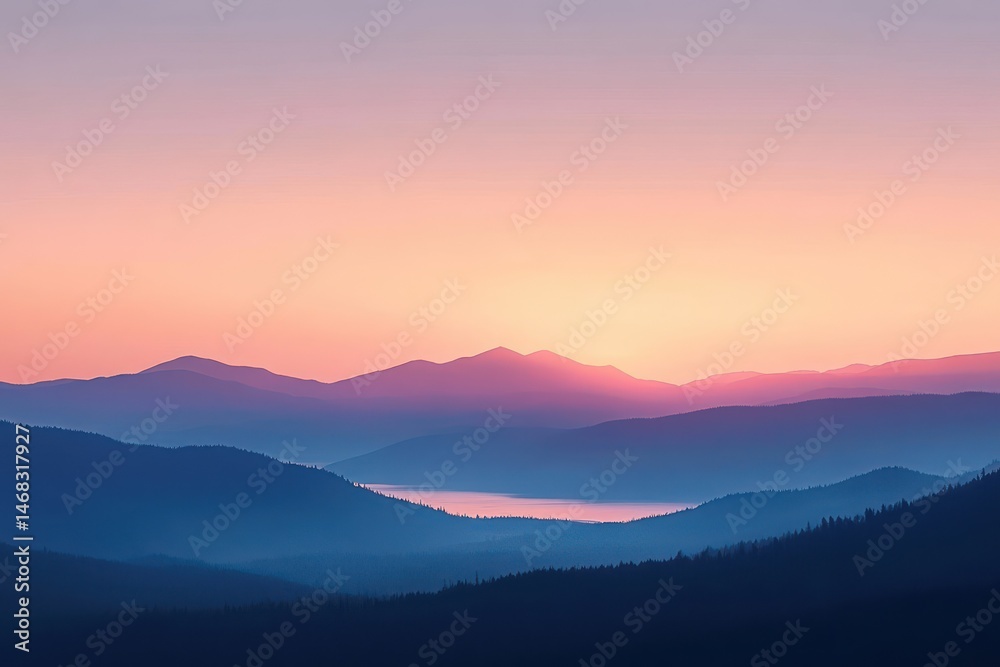 Serene mountain landscape with layered blue silhouettes and a glowing lake at sunset under a pastel gradient sky Serene mountain landscape with layered blue silhouettes and a glowing lake at sunset under a pastel gradient sky