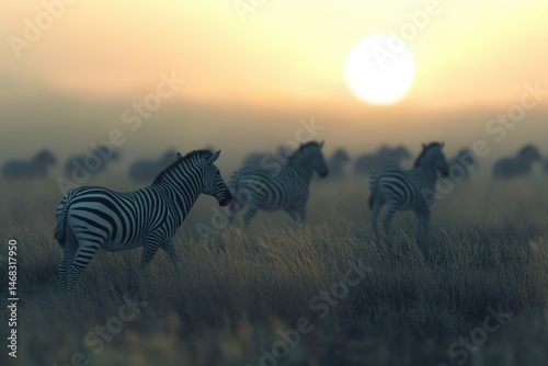 A herd of zebras silhouetted against a vibrant sunset in the African savanna.
