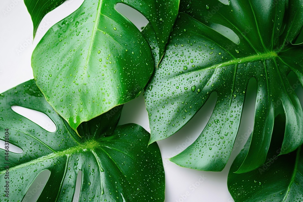 Fototapeta premium Tropical monstera leaf with water drops creating fresh natural botanical background for wellness spa organic beauty decor