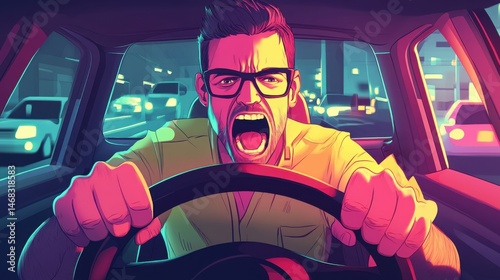 Expressive depiction of an exasperated driver navigating congested city traffic