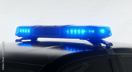 Bright Glowing Blue Police Light Bar Mounted on Vehicle Roof Isolated on White