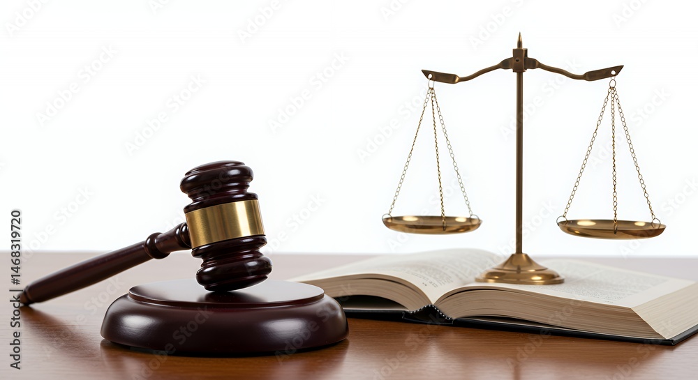 Closeup Legal Concept Featuring Dark Wood Gavel Resting on Open Book and Bronze Scales of Justice Positioned on Highly Polished Wooden Surface Isolated on White Background Closeup Legal Concept Featuring Dark Wood Gavel Resting on Open Book and Bronze Scales of Justice Positioned on Highly Polished Wooden Surface Isolated on White Background