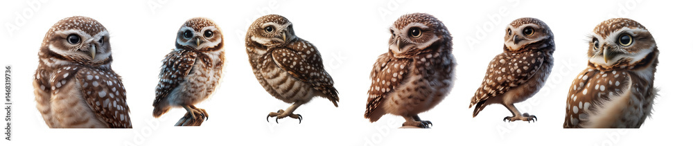 Fototapeta premium Six charming owls with mottled feathers