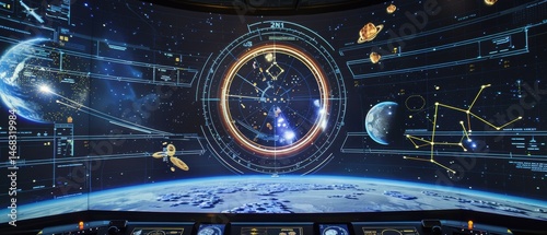 Inside a space warfare tactical room showing planetary defense systems and holographic star maps elements for orbital strike calculations.