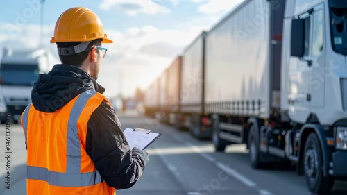 Customs Officer Inspecting Goods at Border Crossing with Lined-Up Trucks

