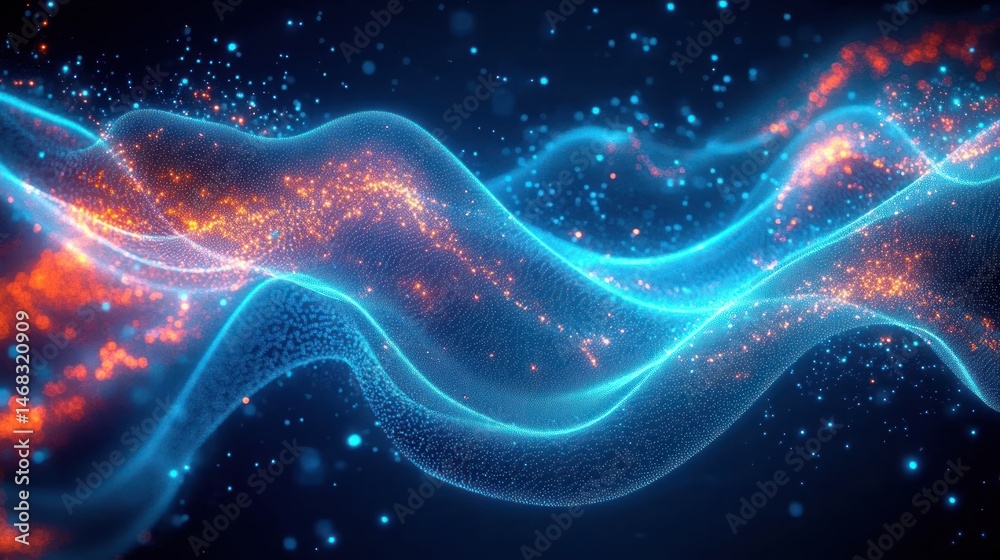 Glowing blue and orange abstract waves of particles with a dynamic flowing motion conveying energy and digital technology concepts Glowing blue and orange abstract waves of particles with a dynamic flowing motion conveying energy and digital technology concepts