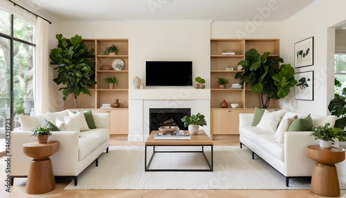 Modern Living Room Interior with White Couches, Built-in Shelving, and Fiddle Leaf Figs