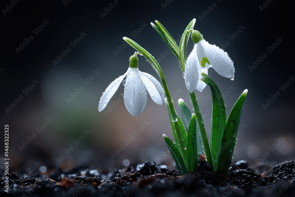 Obraz premium Delicate snowdrop blossoms in a dark ground setting.