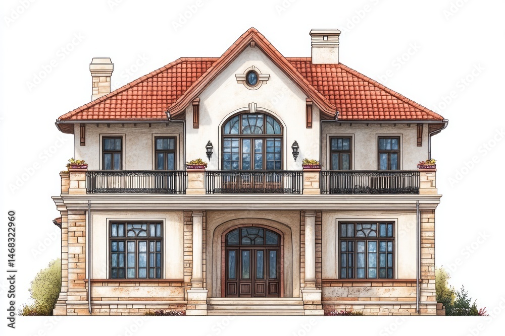 Fototapeta premium Elegant two-story house facade illustration.
