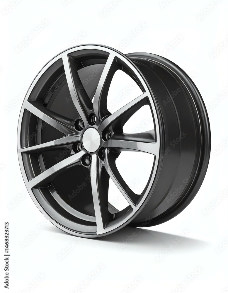 Obraz premium Sleek black alloy car wheel showcasing modern design and quality craftsmanship.