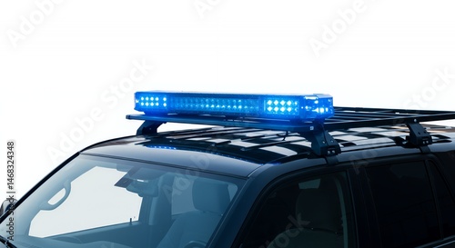 Illuminated Blue Light Bar on Top of Dark Vehicle with Roof Rack Isolated on White Background