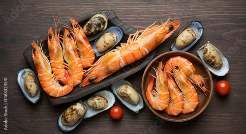 Obraz na płótnie Cooked Shrimp and Mussels Seafood Platter w salonie