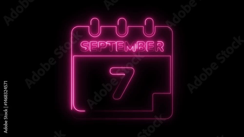 Glowing neon calendar animation displaying september seventh on a black background loop