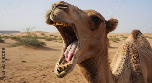 Camel yawning desert landscape