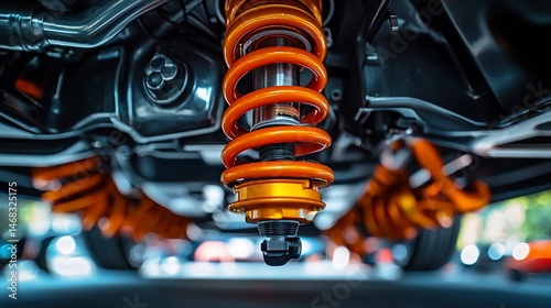Close-up of a vibrant orange automotive coilover shock absorber, showcasing its intricate details and robust construction