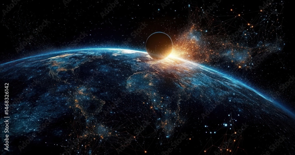 Obraz premium View of the planet Earth from space with illuminated city lights and a celestial body partially obscuring the sun, emitting bright light and surrounded by stars and cosmic connections