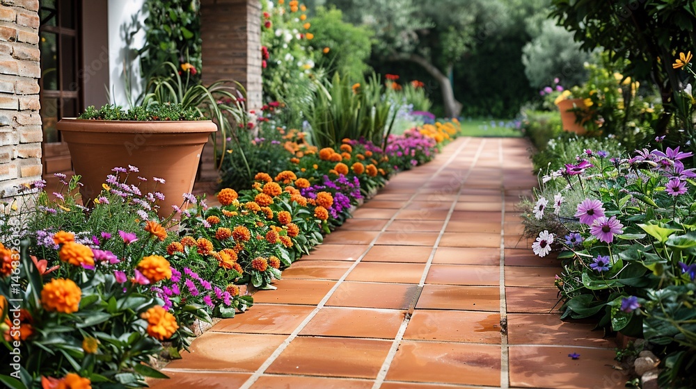 Fototapeta premium Terracotta pathway bordered by vibrant flowerbeds