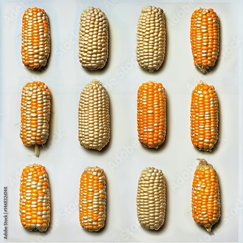 A vibrant arrangement of corn cobs displaying a mix of yellow and white kernels.