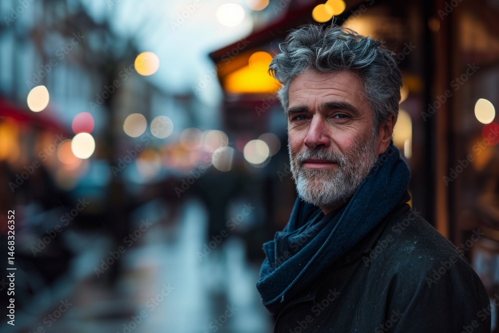 Portrait of a senior man with gray hair and beard on the street at night.