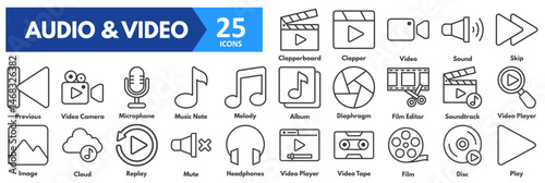 Audio and Video icon set. with icons of video player, tape, film, disc, play, clapperboard, clapper, video, sound, skip, previous, camera, microphone, music note, melody, album, diaphragm
