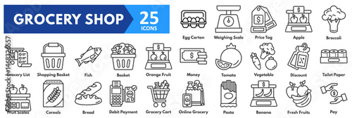 Grocery Shop icon set. with icons of egg carton, weighing scale, price tag, apple, broccoli, grocery list, shopping basket, fish, basket, orange fruit, money, tomato, vegetable, discount, toilet paper