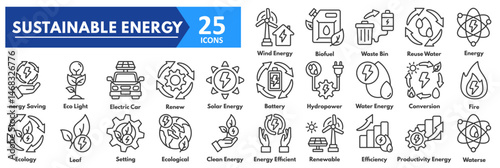 Sustainable Energy icon set. with icons of wind, biofuel, waste bin, reuse water, energy, saving, eco light, electric car, renew, sola, battery, hydropower, water energy