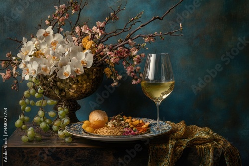A still life arrangement featuring a floral centerpiece, grapes, a wine glass, and a plate of food. photo