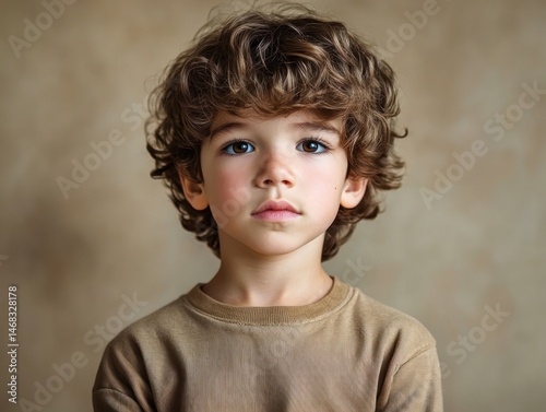 Young boy with curly brown hair and curious expression wearing a beige shirt against a soft brown background