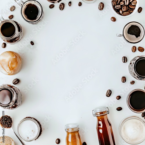 A circular arrangement of various coffee drinks and beans on a white background.