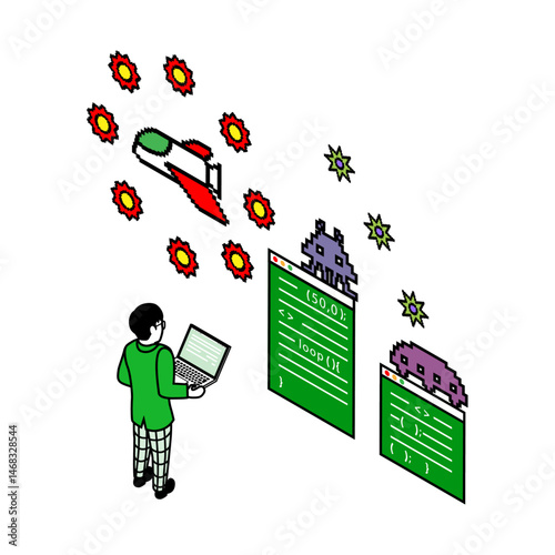 Male student programming a game - isometric clip art, Green base color