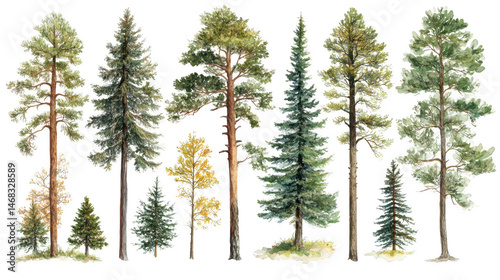 Watercolor painting of different types of trees with a transparent background