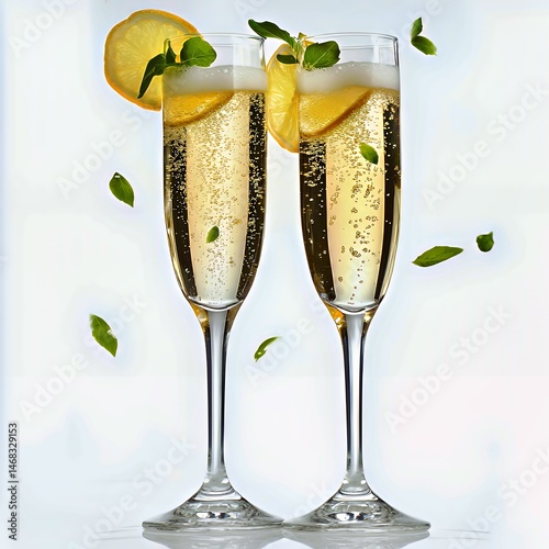 Two elegant champagne flutes with lemon and mint garnishes, set against a light backdrop.