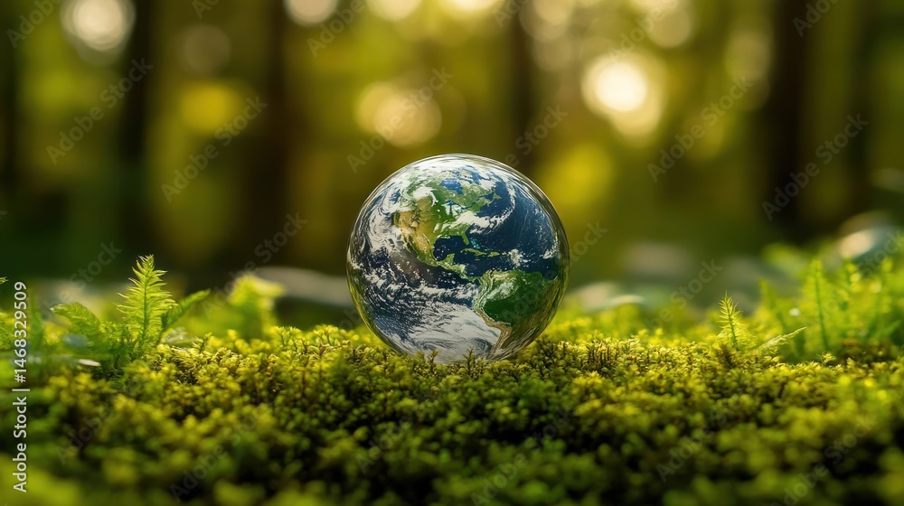 A small globe resting on lush green moss with blurred forest background symbolizing nature and environmental care A small globe resting on lush green moss with blurred forest background symbolizing nature and environmental care