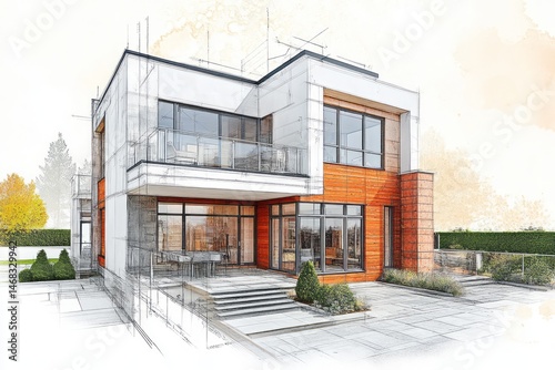 Modern home design sketch with exterior details.