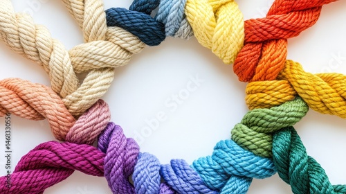 A colorful circle of interwoven, rainbow-hued ropes. photo