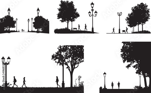 Silhouette Collection of People Walking in Park with Trees and Lampposts Urban Nature Scene Set
