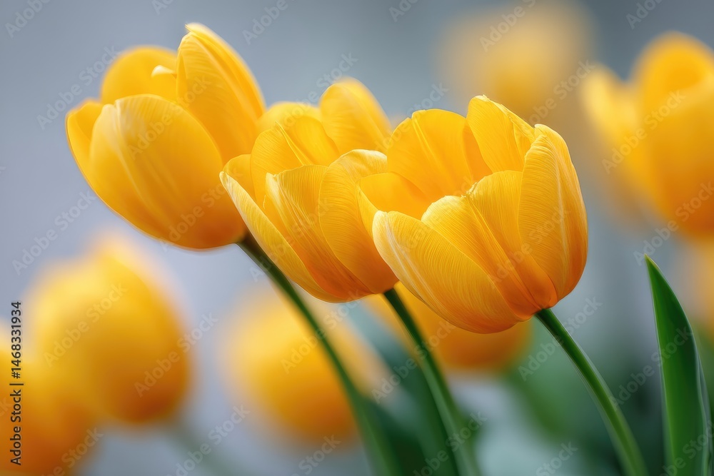 Fototapeta premium Close-up view of three vibrant yellow tulips.