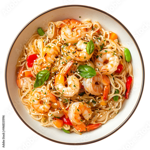 Rice noodles with shrimps and vegetables close-up on the table. top view , isolated on transparent background . PNG, cutout, or clipping path.
