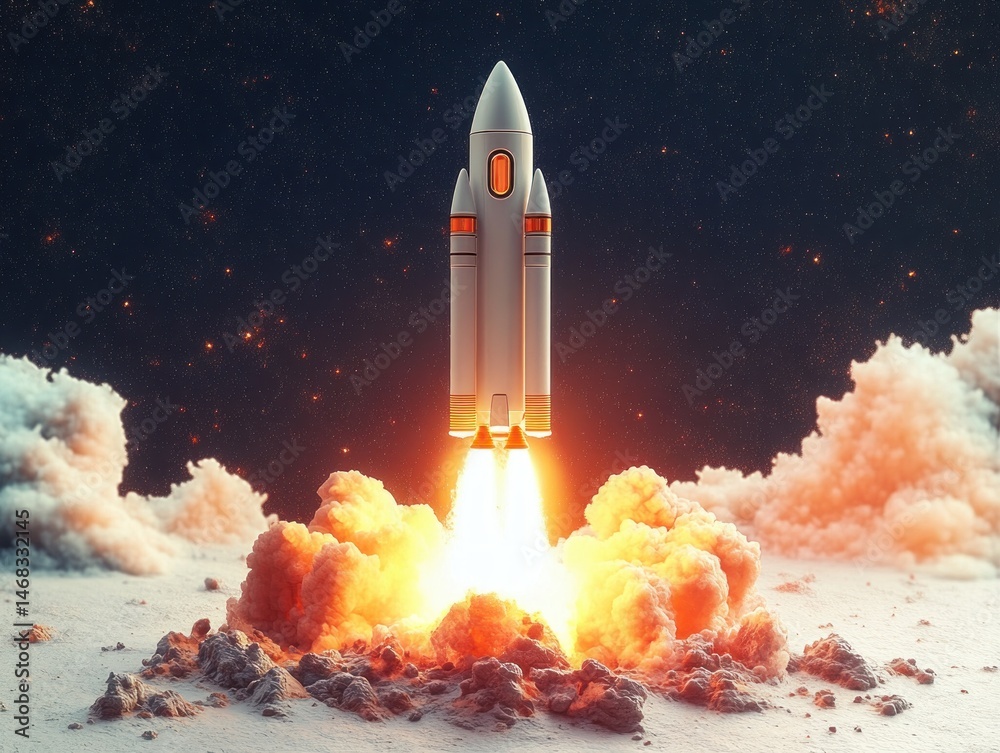 Rocket launching into starry night sky surrounded by clouds and fiery smoke creating a dramatic and powerful scene Rocket launching into starry night sky surrounded by clouds and fiery smoke creating a dramatic and powerful scene