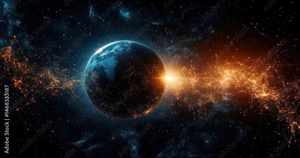 Dark planet illuminated by distant bright sun with interconnected glowing orange network lines spanning across starry space background Dark planet illuminated by distant bright sun with interconnected glowing orange network lines spanning across starry space background